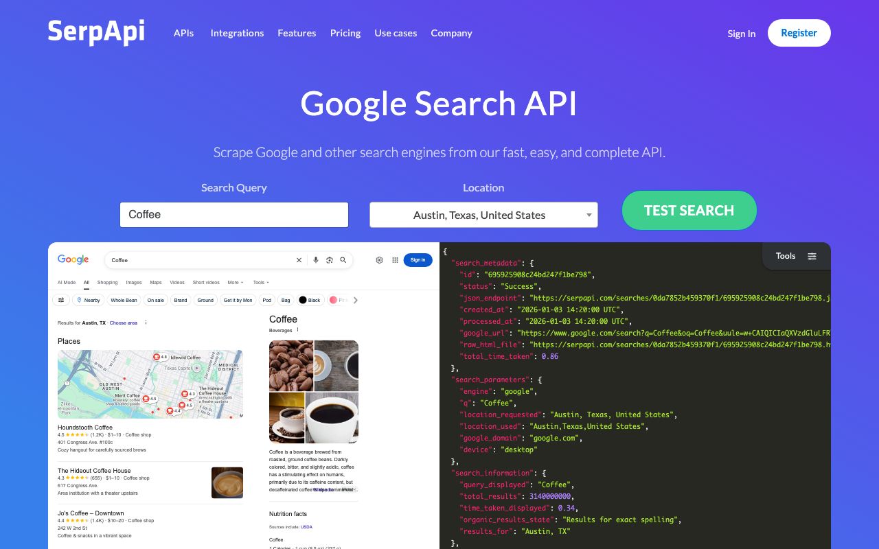 SerpApi — zrzut ekranu interfejsu