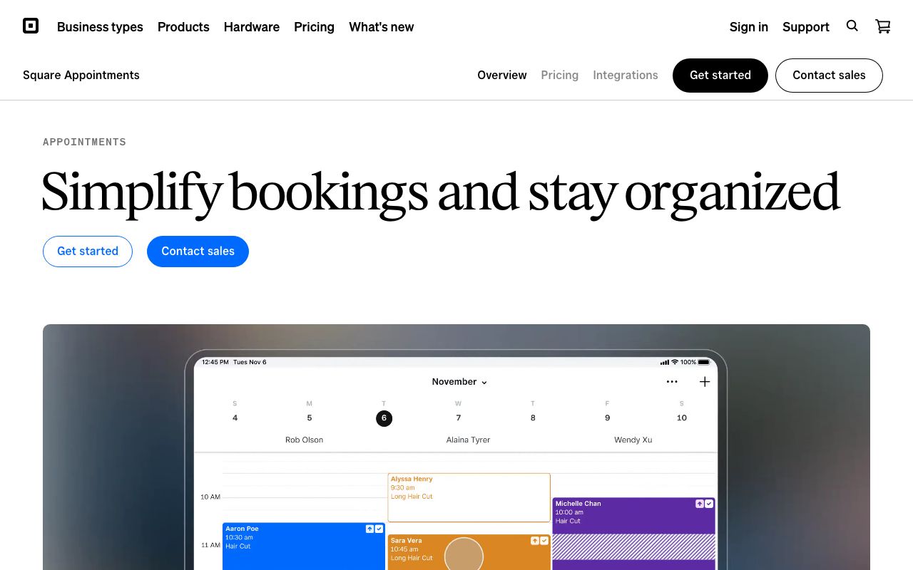 Square Appointments — zrzut ekranu interfejsu