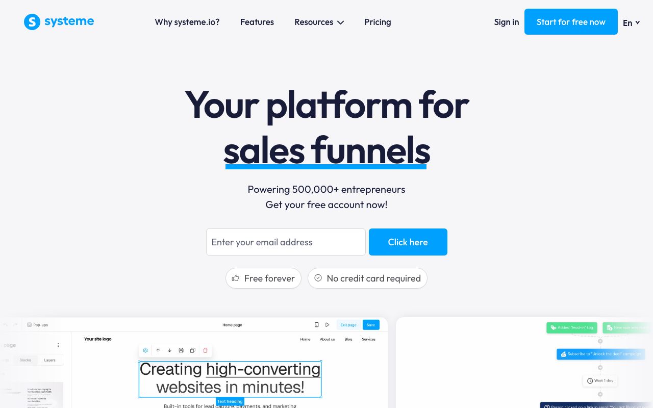 Systeme.io — zrzut ekranu interfejsu