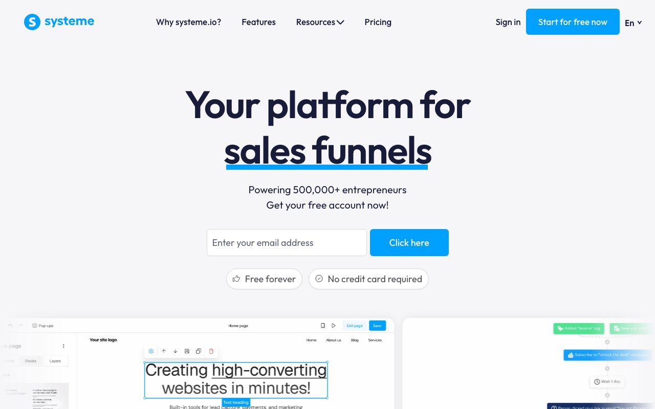 Systeme.io — zrzut ekranu interfejsu