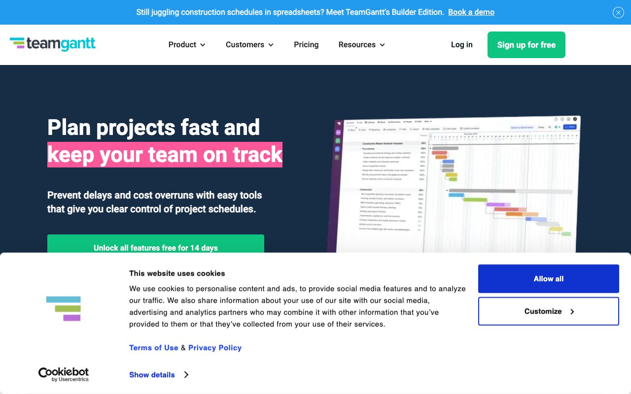 TeamGantt — zrzut ekranu interfejsu