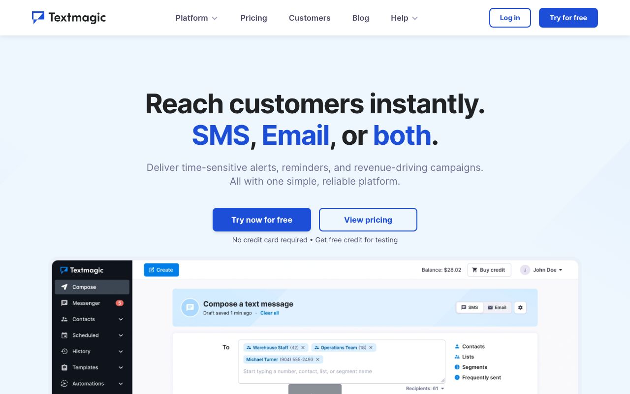 Textmagic — zrzut ekranu interfejsu