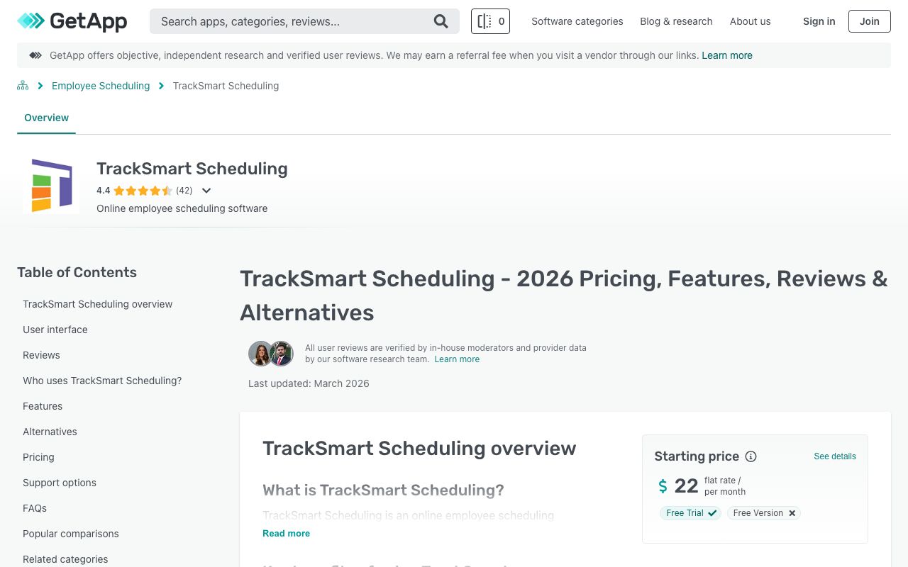 TrackSmart Scheduling — zrzut ekranu interfejsu