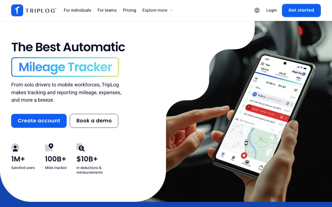 TripLog Mileage Tracker — zrzut ekranu interfejsu