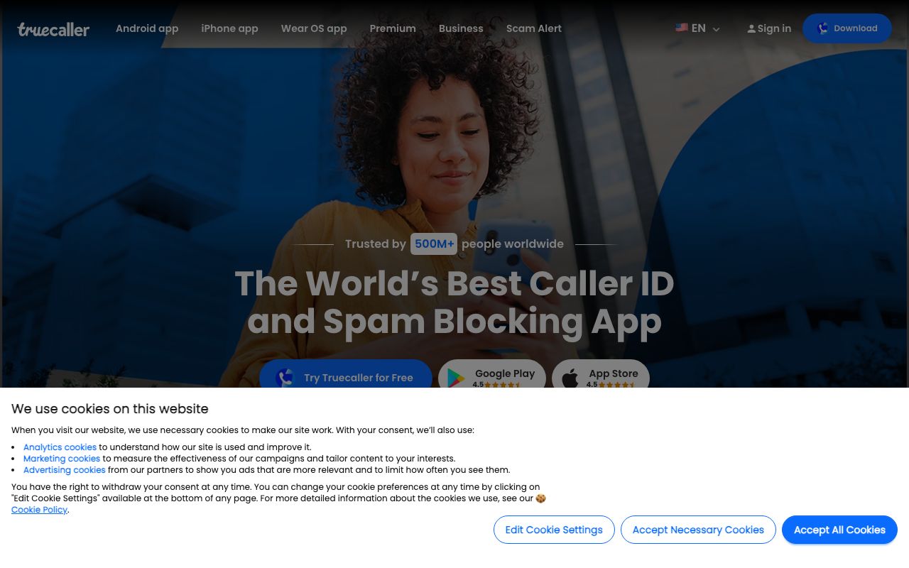 Truecaller — zrzut ekranu interfejsu