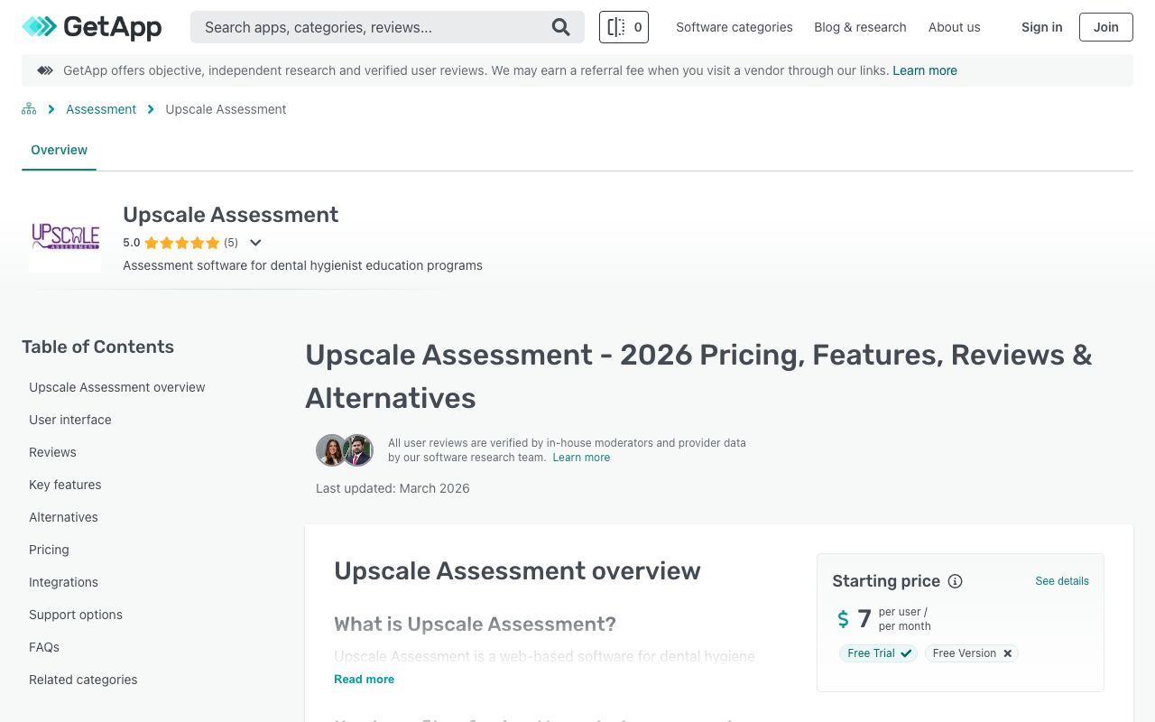 Upscale Assessment — zrzut ekranu interfejsu