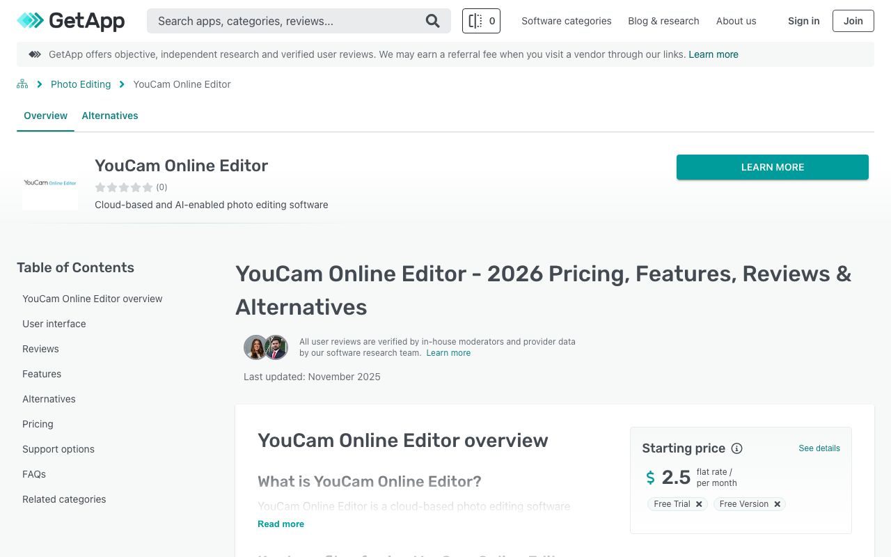 YouCam Online Editor — zrzut ekranu interfejsu