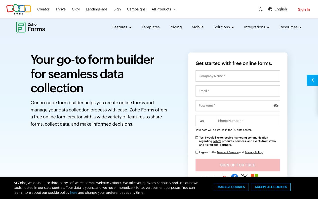 Zoho Forms — zrzut ekranu interfejsu