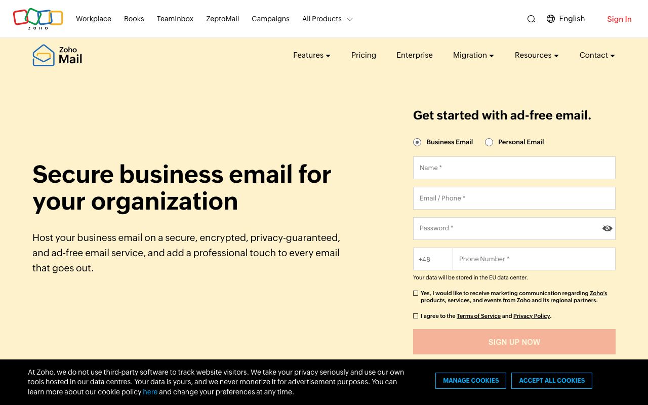 Zoho Mail — zrzut ekranu interfejsu