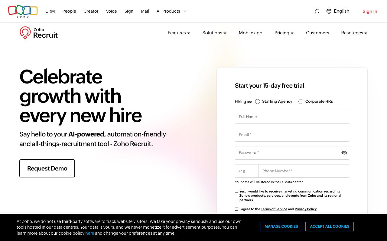 Zoho Recruit — zrzut ekranu interfejsu