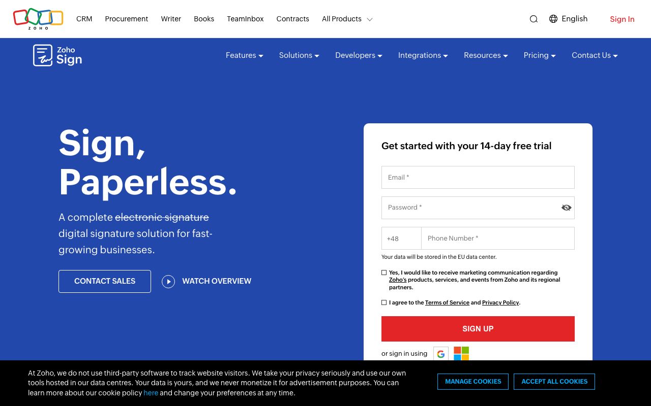 Zoho Sign — zrzut ekranu interfejsu