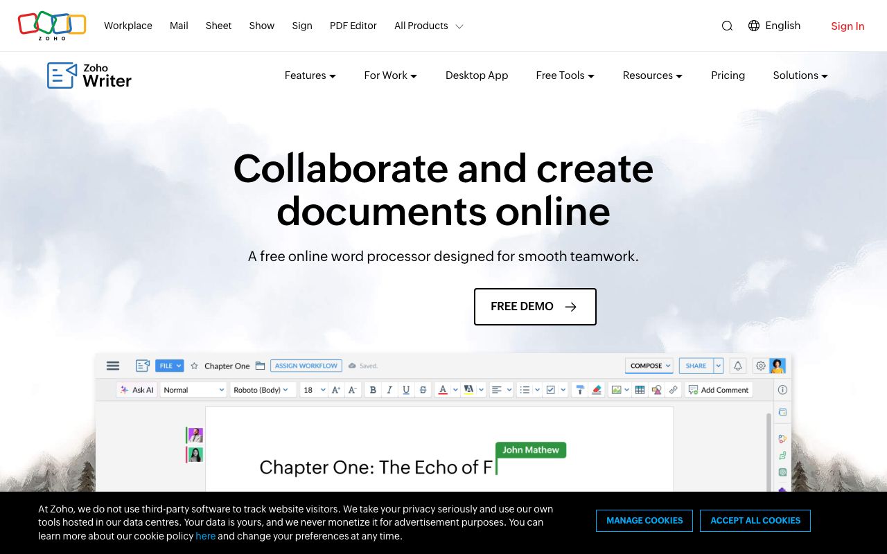 Zoho Writer — zrzut ekranu interfejsu
